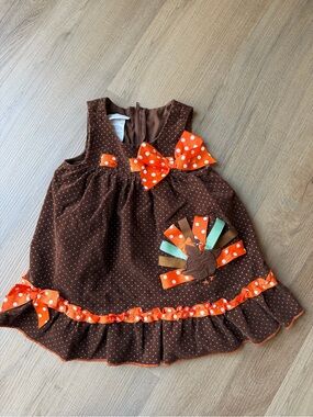 Bonnie Jean Girls Brown Turkey Appliqué Fall Dress with Orange Bows